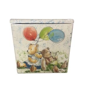 Vintage Teddy Bear Wooden Keepsake Box Hand Painted Nursery Decor Hinged Lid 6in